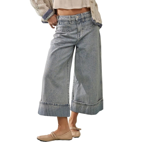 Women'S Wide Leg Jeans Stretchy Straight Leg Jeans Buttoned Loose Denim Pants with Pocket Light Blue S