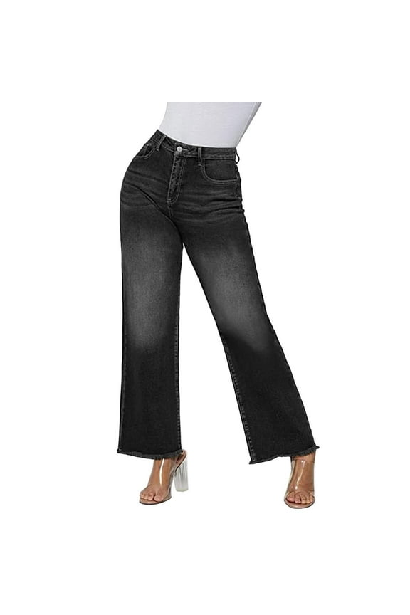 Women'S Wide Leg Jeans Trendy High Waisted Stretchy Straight Leg Jeans Buttoned Zipper Loose Denim Pants With Pocket Black XXL