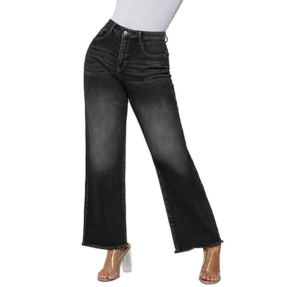 Women'S Wide Leg Jeans Trendy High Waisted Stretchy Straight Leg Jeans Buttoned Zipper Loose Denim Pants With Pocket Black XXXXL