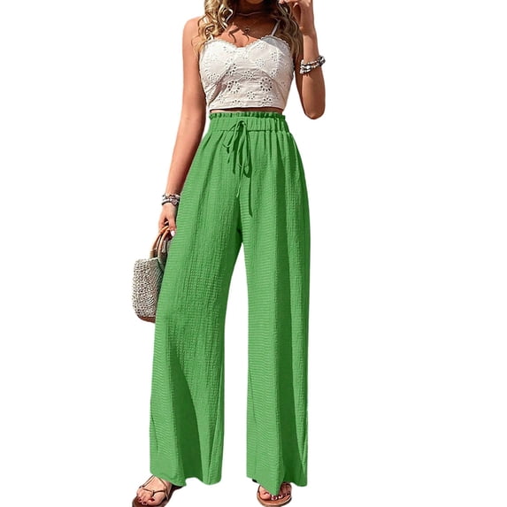 Women'S Wide Leg Lounge Pants High Waisted Adjustable Tie Knot Loose Trousers Green XXL