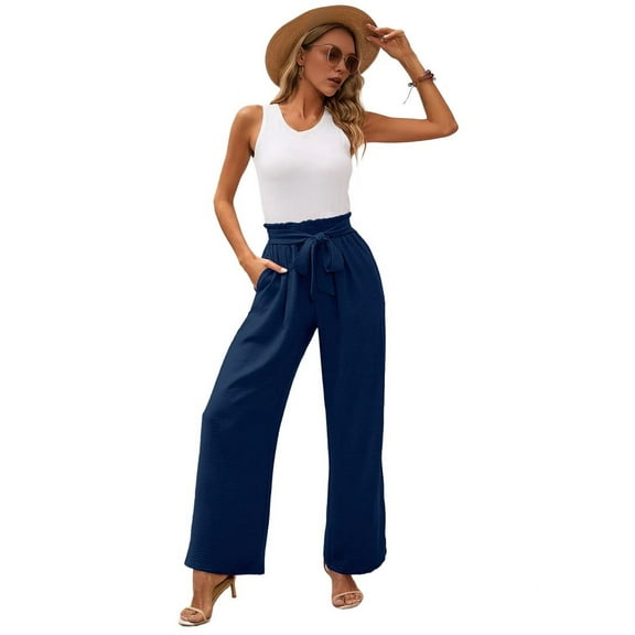 Women'S Wide Leg Lounge Pants with Pockets High Waisted Adjustable Tie Knot Loose Trousers Dark blue XL