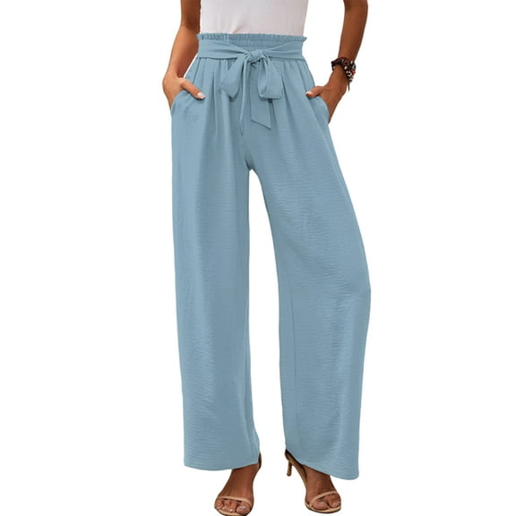 Women'S Wide Leg Lounge Pants with Pockets High Waisted Adjustable Tie Knot Loose Trousers Light Blue M