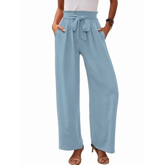 Women'S Wide Leg Lounge Pants with Pockets High Waisted Adjustable Tie Knot Loose Trousers Light Blue S