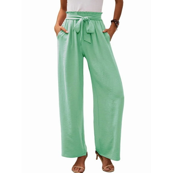 Women'S Wide Leg Lounge Pants with Pockets High Waisted Adjustable Tie Knot Loose Trousers Light Green S