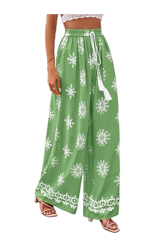 Women'S Wide Leg Palazzo Pants Boho Floral Trousers Flowy Beach Vacation Clothes Resort Wear Green XL
