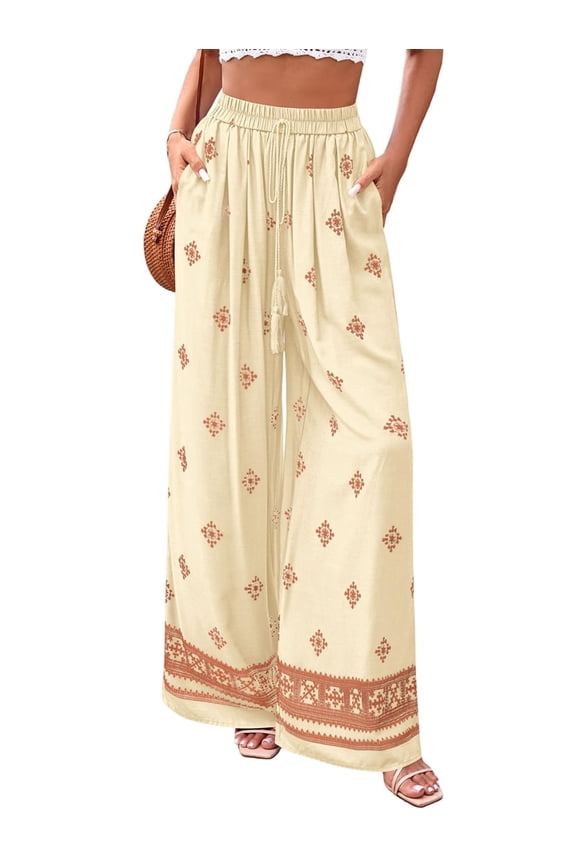 Women'S Wide Leg Palazzo Pants Boho Floral Trousers Flowy Beach Vacation Clothes Resort Wear Light Brown L