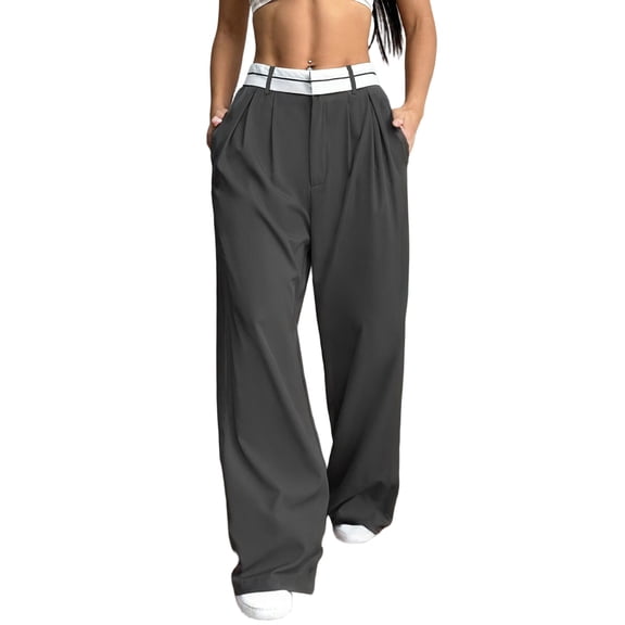 Women'S Wide Leg Pants Casual High Waisted Trousers Long Straight Suit Pant Black XS