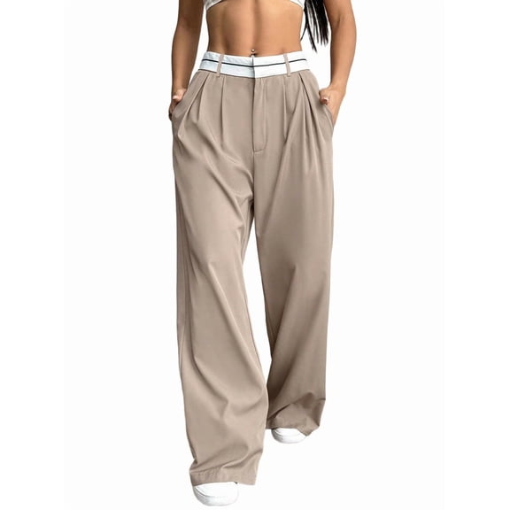 Women'S Wide Leg Pants Casual High Waisted Trousers Long Straight Suit Pant Khaki L