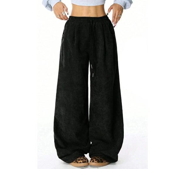 Women'S Wide Leg Pants Corduroy High Waist Palazzo Pants Comfy Baggy Trousers Black XL