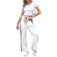 thumbnail image 1 of Women'S Wide Leg Pants Drawstring High Rise Side Striped Slouchy Palazzo Pants with Pockets Beige Blue Edge L, 1 of 8