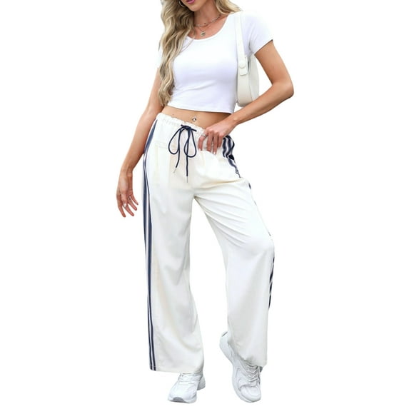 Women'S Wide Leg Pants Drawstring High Rise Side Striped Slouchy Palazzo Pants with Pockets Beige Blue Edge L