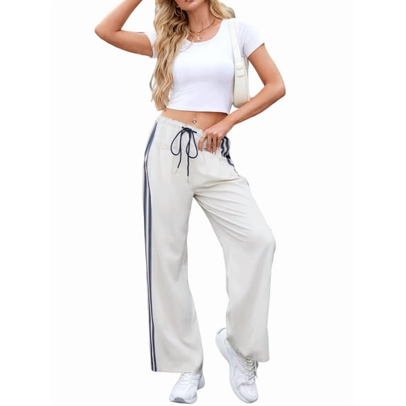 Women'S Wide Leg Pants Drawstring High Rise Side Striped Slouchy Palazzo Pants with Pockets Beige Blue Edge L