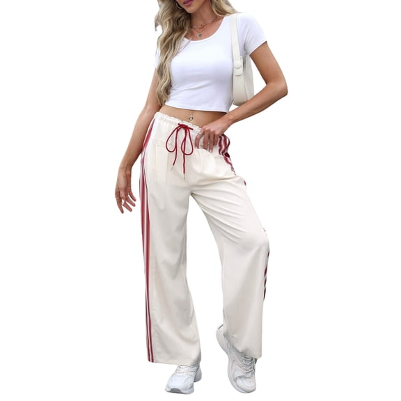 Women'S Wide Leg Pants Drawstring High Rise Side Striped Slouchy Palazzo Pants with Pockets Beige Red Edge M