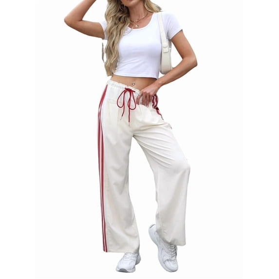 Women'S Wide Leg Pants Drawstring High Rise Side Striped Slouchy Palazzo Pants with Pockets Beige Red Edge S