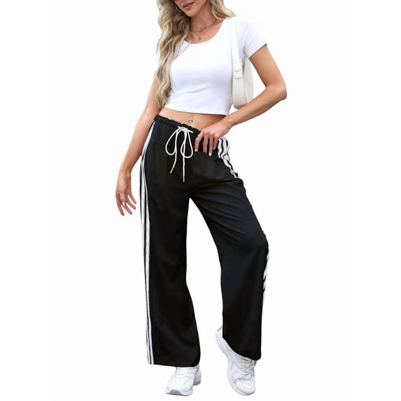 Women'S Wide Leg Pants Drawstring High Rise Side Striped Slouchy Palazzo Pants with Pockets Black&White Edges M