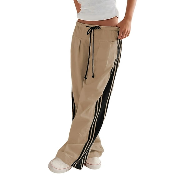 Women'S Wide Leg Pants Drawstring High Rise Side Striped Slouchy Palazzo Pants with Pockets Khaki S