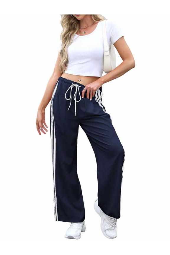Women'S Wide Leg Pants Drawstring High Rise Side Striped Slouchy Palazzo Pants with Pockets Navy Blue XL