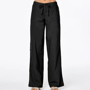 Women'S Wide Leg Pants Elastic High Waisted Cotton Linen Casual Straight Pants Trousers With Pockets