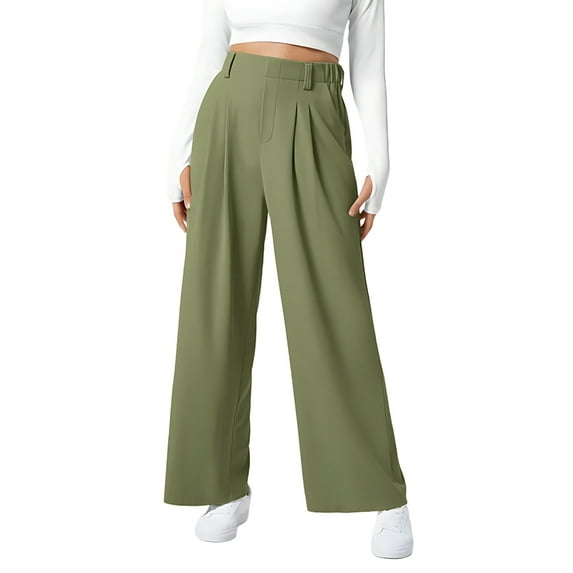 Women'S Wide Leg Pants Elastic High Waisted Waffle Knit Casual Palazzo Pants Trousers with Pockets Green M