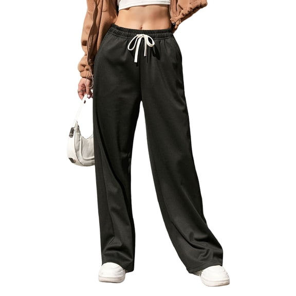 Women'S Wide Leg Pants Elastic Waisted Casual Sweatpants Adjustable Drawstring Trousers with Pockets Black XL