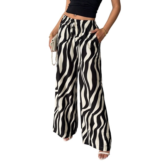 Women'S Wide Leg Pants High Elastic Waist Flowy Palazzo Pants Black & White L