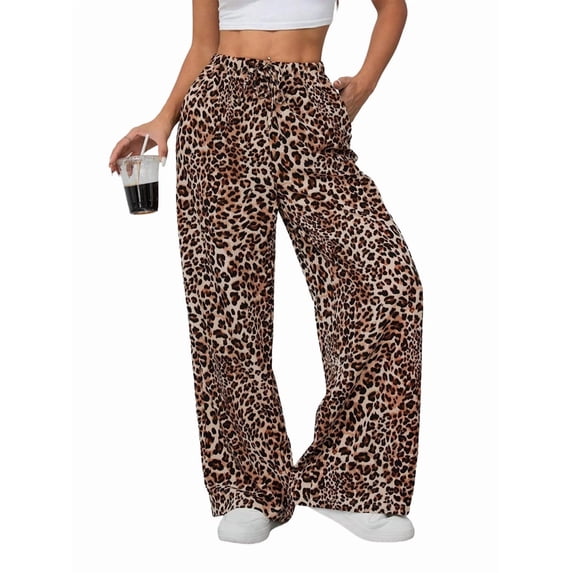 Women'S Wide Leg Pants with Pockets, Casual Trousers Sweatpants Brown Leopard Print S