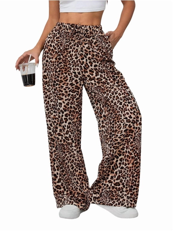 Women'S Wide Leg Pants with Pockets, Casual Trousers Sweatpants Brown Leopard Print S