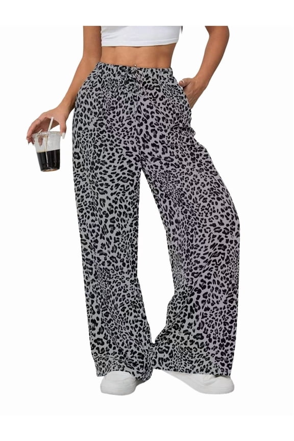 Women'S Wide Leg Pants with Pockets, Casual Trousers Sweatpants Gray Leopard L