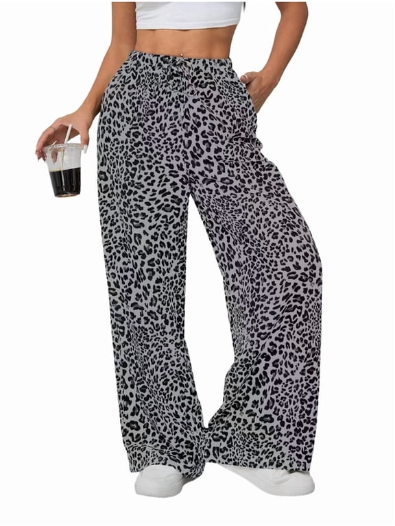 Women'S Wide Leg Pants with Pockets, Casual Trousers Sweatpants Gray Leopard S