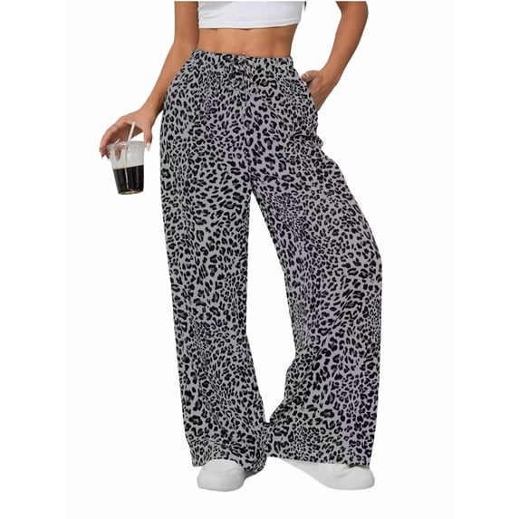 Women'S Wide Leg Pants with Pockets, Casual Trousers Sweatpants Gray Leopard XL