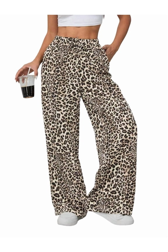 Women'S Wide Leg Pants with Pockets, Casual Trousers Sweatpants Leopard L