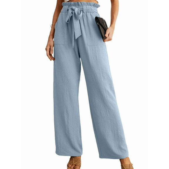 Women'S Wide Leg Pants with Pockets High Waist Adjustable Knot Loose Casual Trousers Business Work Pants Light Blue L