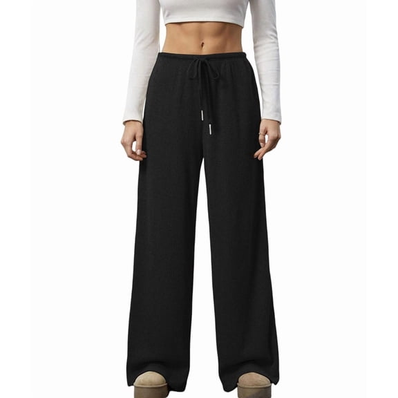 Women'S Wide Leg Ribbed Knit Pants Drawstring Waist Low Rise Casual Long Trousers Black L