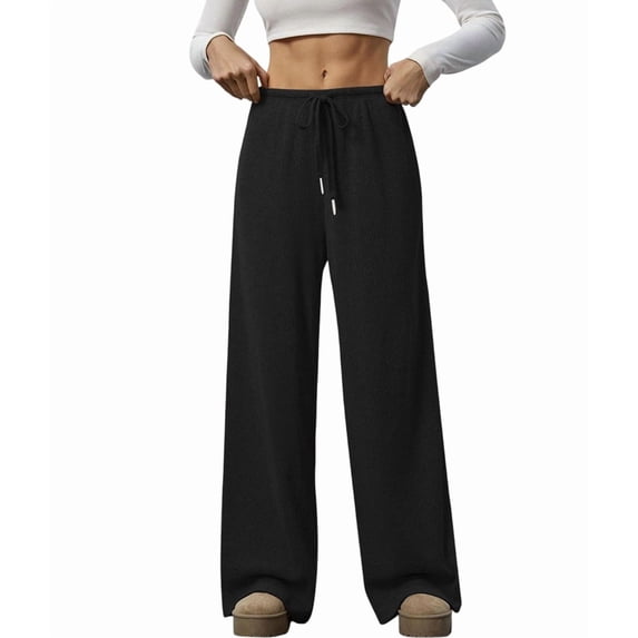Women'S Wide Leg Ribbed Knit Pants Drawstring Waist Low Rise Casual Long Trousers Black S