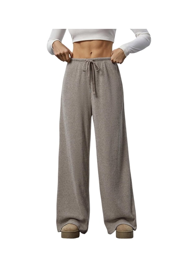 Women'S Wide Leg Ribbed Knit Pants Drawstring Waist Low Rise Casual Long Trousers Brown XL