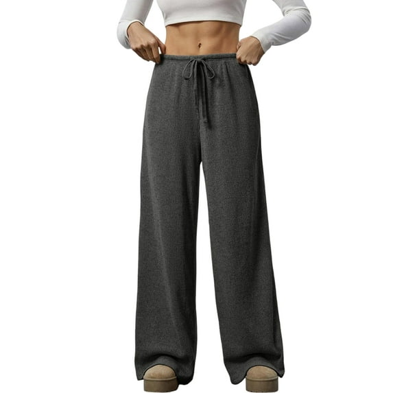 Women'S Wide Leg Ribbed Knit Pants Drawstring Waist Low Rise Casual Long Trousers Gray XL