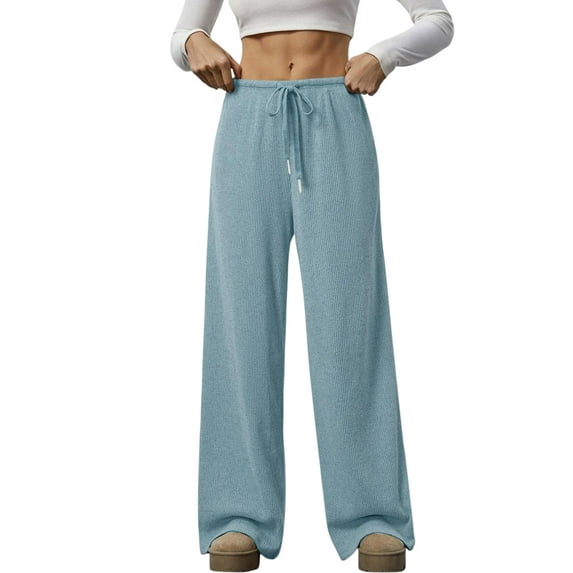 Women'S Wide Leg Ribbed Knit Pants Drawstring Waist Low Rise Casual Long Trousers L
