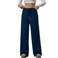thumbnail image 1 of Women'S Wide Leg Ribbed Knit Pants Drawstring Waist Low Rise Casual Long Trousers Navy Blue XXXL, 1 of 9