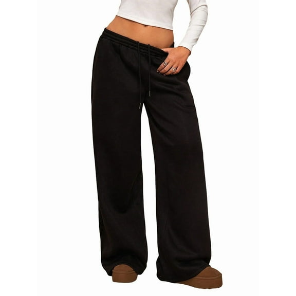 Women'S Wide Leg Sweatpants Baggy Drawstring High Waisted Joggers Lounge Sweat Pants with Pockets Black XS