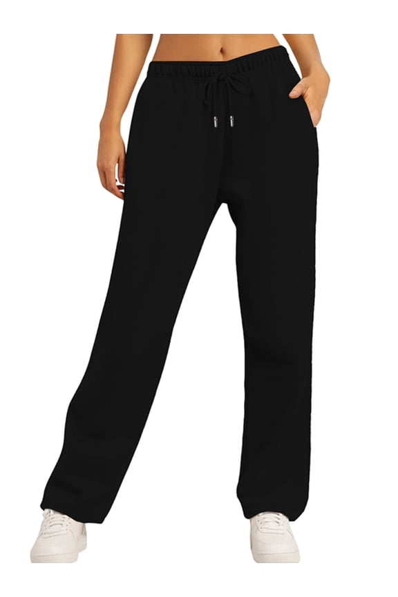 Women'S Wide Leg Sweatpants High Waisted Baggy Interior Drawstring Sweatpants Straight Leg Sweat Pants Black M