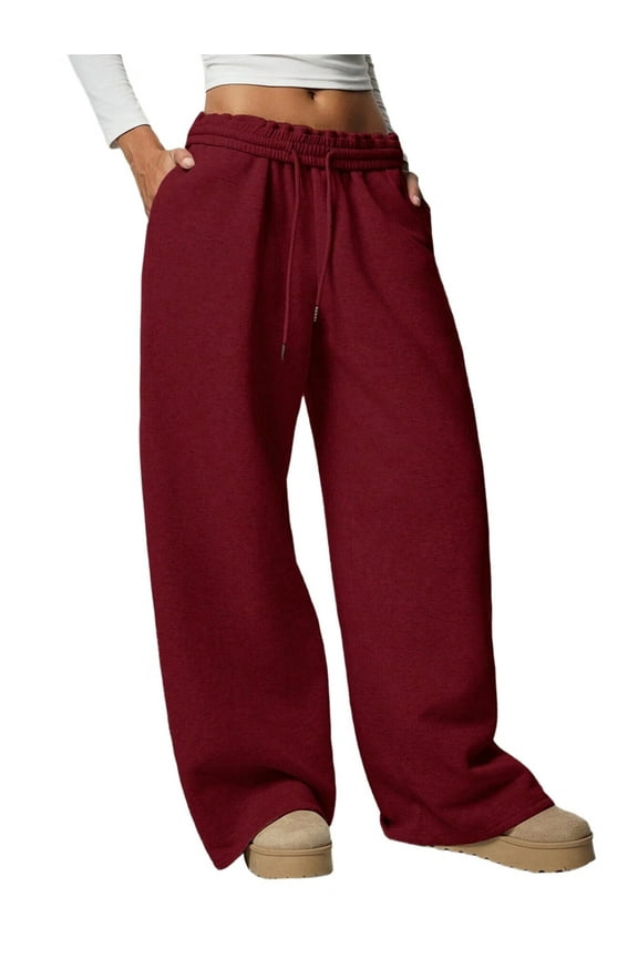 Women'S Wide Leg Sweatpants High Waisted Baggy Interior Drawstring Sweatpants Straight Leg Sweat Pants Red S