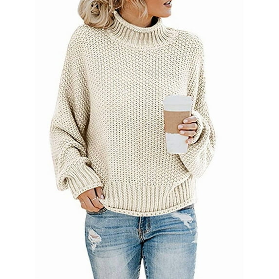 Women'S Winter Autumn Solid Color Lantern Sleeve Long Sleeve Sweater Pullover Coat Apricot S