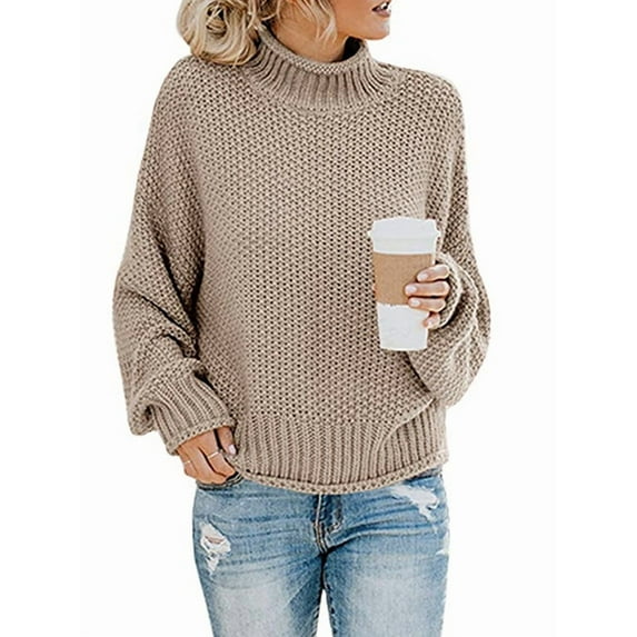 Women'S Winter Autumn Solid Color Lantern Sleeve Long Sleeve Sweater Pullover Coat Khaki XL