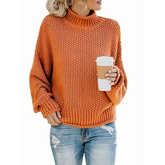 Women'S Winter Autumn Solid Color Lantern Sleeve Long Sleeve Sweater Pullover Coat Orange Red XL