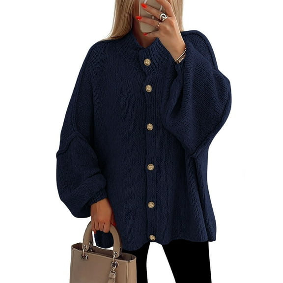 Women'S Winter Button Down Cardigan Sweaters Mock Neck Lantern Long Sleeve Chunky Knit Jacket Outerwear Black M