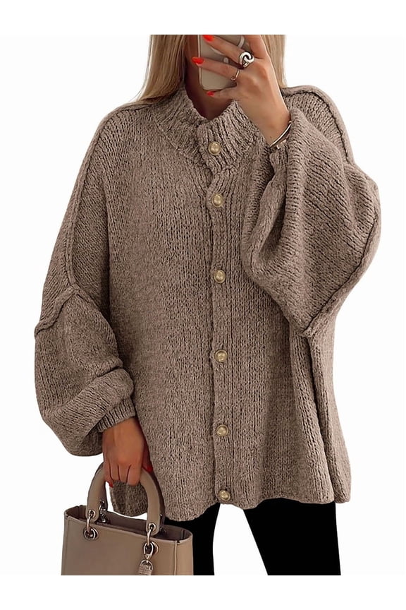 Women'S Winter Button Down Cardigan Sweaters Mock Neck Lantern Long Sleeve Chunky Knit Jacket Outerwear Khaki L