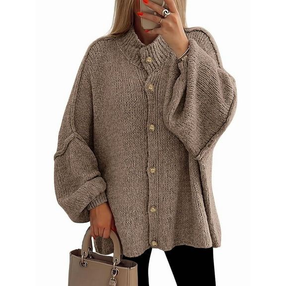 Women'S Winter Button Down Cardigan Sweaters Mock Neck Lantern Long Sleeve Chunky Knit Jacket Outerwear Khaki S
