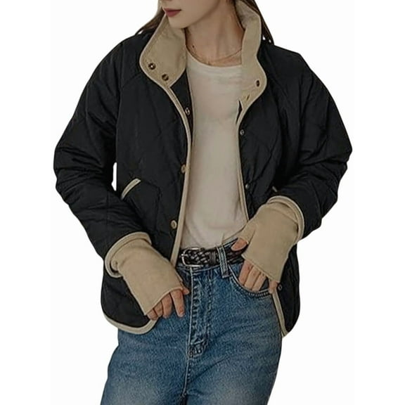 Women'S Winter Casual Quilted Jackets Long Sleeve Button Down Puffer Jacket Padded Outerwear Coats Black L