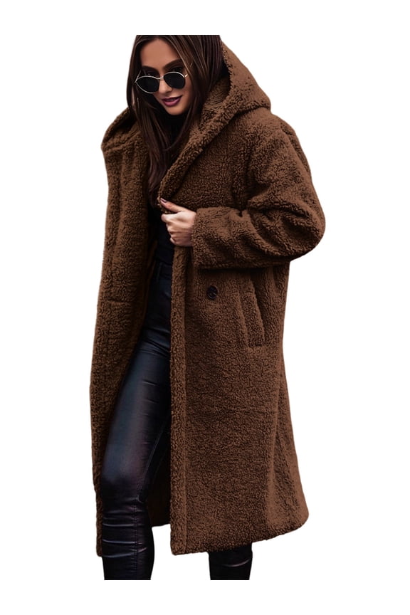 Women'S Winter Casual Single Button Hooded Long Coat Wool Blend Trench Style Outerwear Jacket Brown M