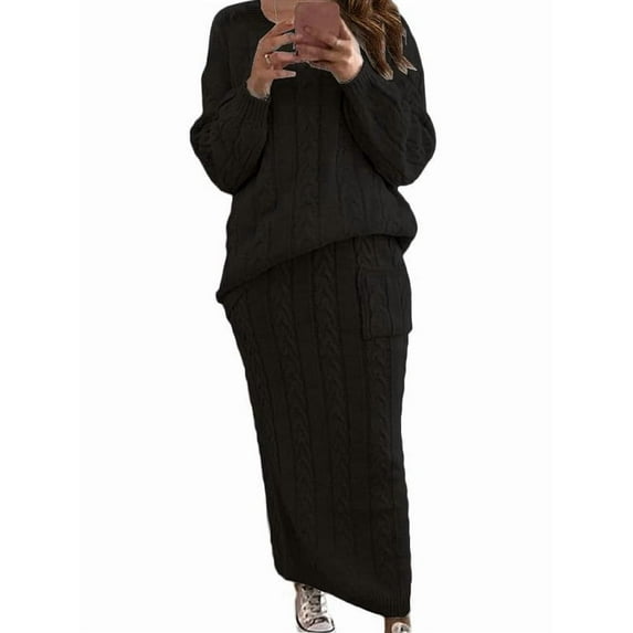 Women'S Winter Chunky Cable Knit Long Skirt 2 Piece Outfit Sweater Sets Black L